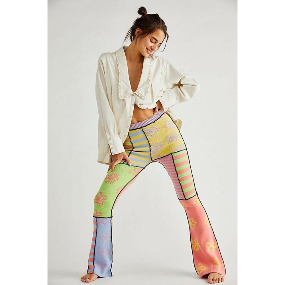 NWT FREE PEOPLE X THE RAGGED PRIEST Sz L MIX KNIT FLARE PIECED PANTS